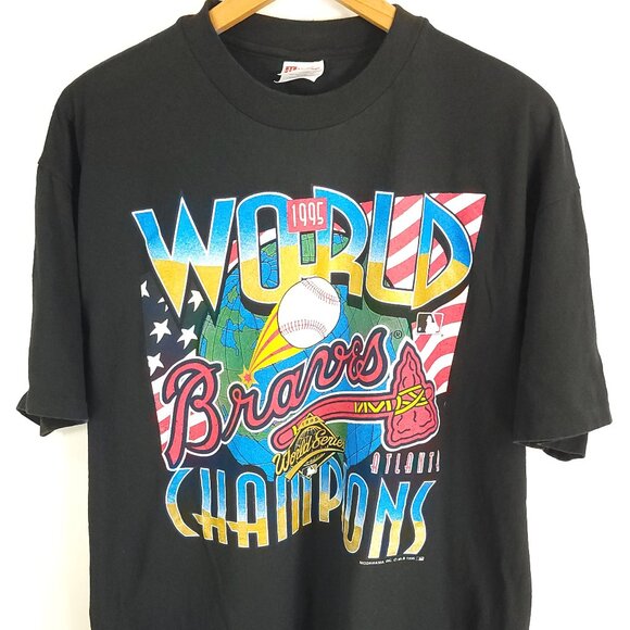 Vtg World Series 1995 Atlanta Braves Graphic T-Shirt Men's XL Black Hanes - Picture 1 of 9